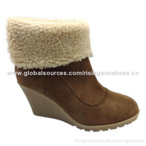 Women's dress ankle boots, fake suede upper + lamb fur edge, various colors/design